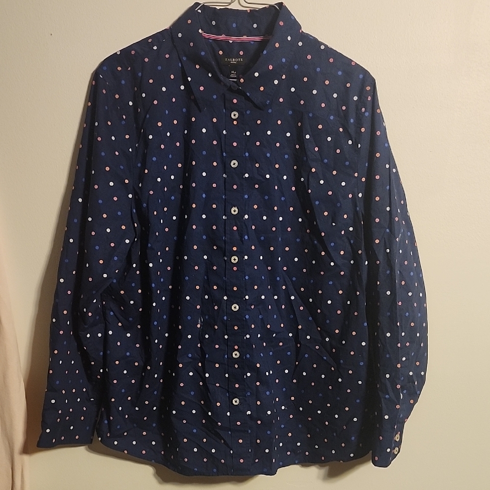 Talbots Navy Shirt with Colorful Polka Dots
